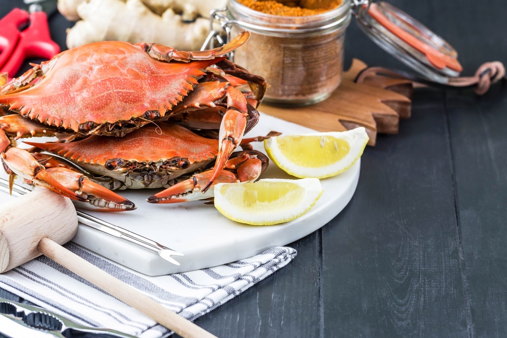 Maryland Crab presented with a mallot, lemon, and seasoning - the perfect way to enjoy it on the Eastern Shore of Maryland